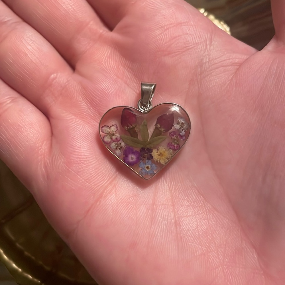 Dried Flower Resin Heart Pendant
